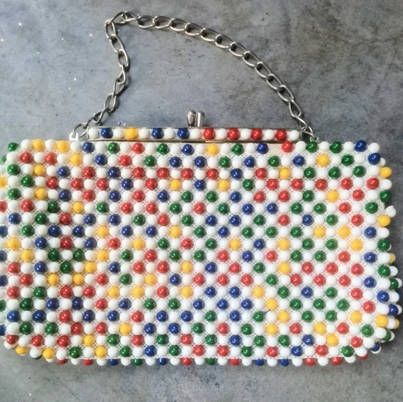Vintage 1950's Bubble Beads Purse Yellow, Red, & Geen Handbag - Picture 5 of 12